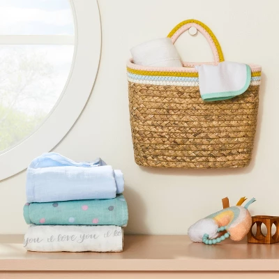 Wall Hanging Natural Woven Basket With Coiled Rope Handle - Pink - Cloud Island™ 1 Wall Hanging Natural Woven Basket With Coiled Rope Handle - Pink - Cloud Island™