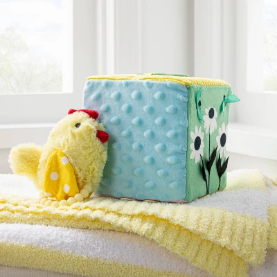 Farm Interactive Plush Cube With Chicken Rattle Baby Toy - 2pc - Cloud Island™ 1 Farm Interactive Plush Cube With Chicken Rattle Baby Toy - 2pc - Cloud Island™