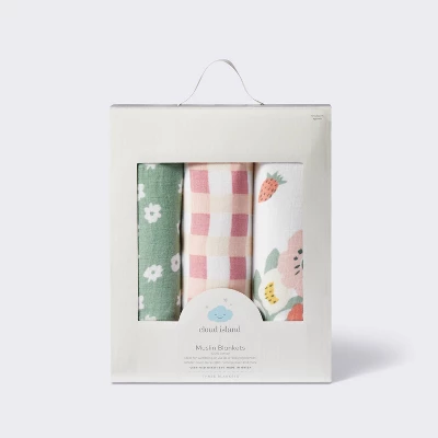 Muslin Swaddle Baby Blanket - Floral Gingham - 3pk - Cloud Island™ 3 Muslin Swaddle Baby Blanket - Floral Gingham - 3pk - Cloud Island™ - Image 3